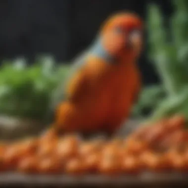 A Colorful Diet for Pet Birds Vibrant carrots alongside a colorful array of bird-safe vegetables.