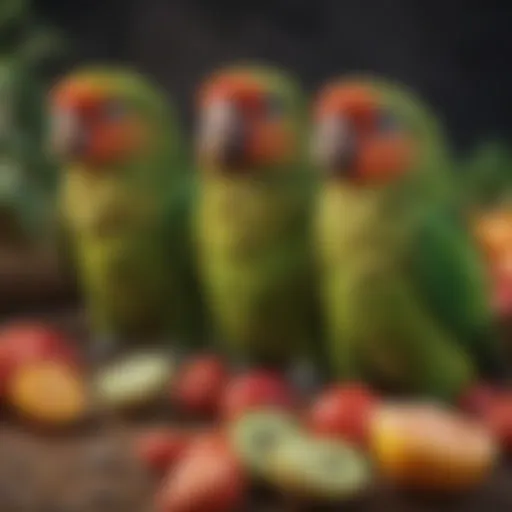 Colorful array of fresh fruits for green cheek conures