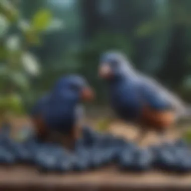 Colorful pet birds enjoying blueberries