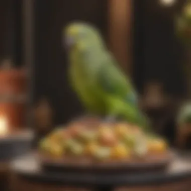 A parakeet enjoying its diverse diet in a well-maintained cage environment