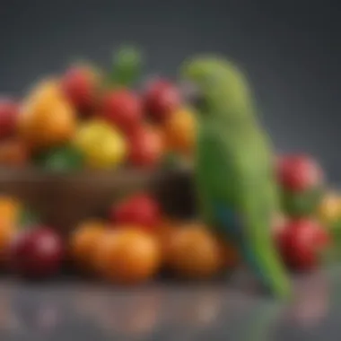 Vibrant Fruits and Vegetables for Parakeets A colorful array of parakeet-friendly fruits and vegetables arranged attractively