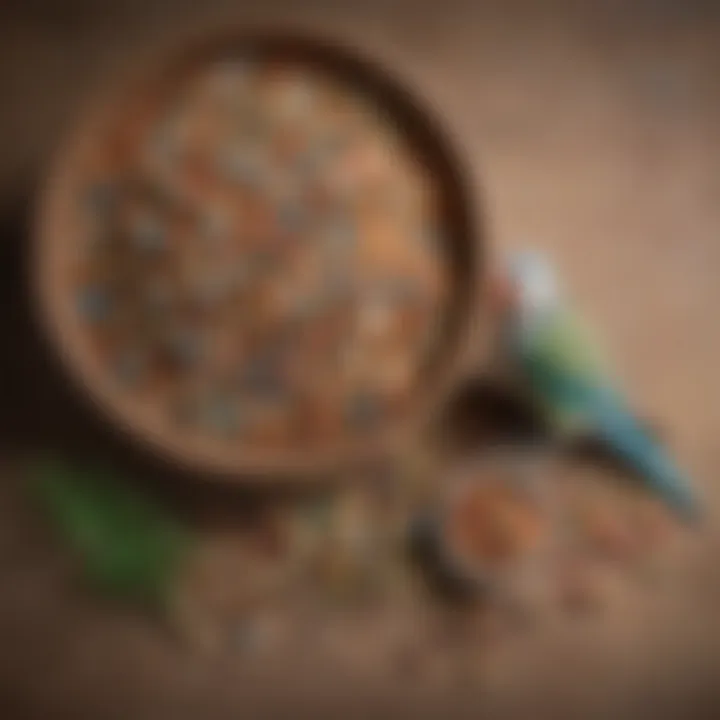 A collection of various seeds and pellets suited for parakeet diets displayed in bowls