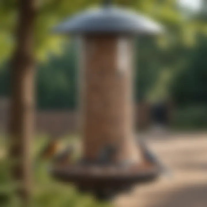 Close-up of a bird feeder stocked with nutritious seeds for outdoor birds