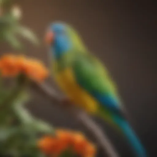 A vibrant parakeet perched on a branch, showcasing its colorful plumage.