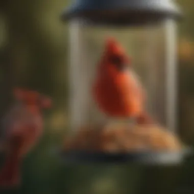 Close-up of a well-designed bird feeder specifically for cardinals.