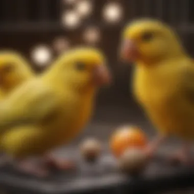 Happy canaries playing with toys inside a cage