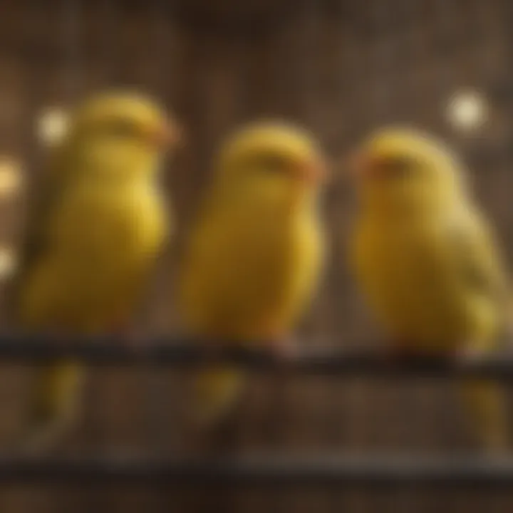 Canaries interacting in a social setting within a cage