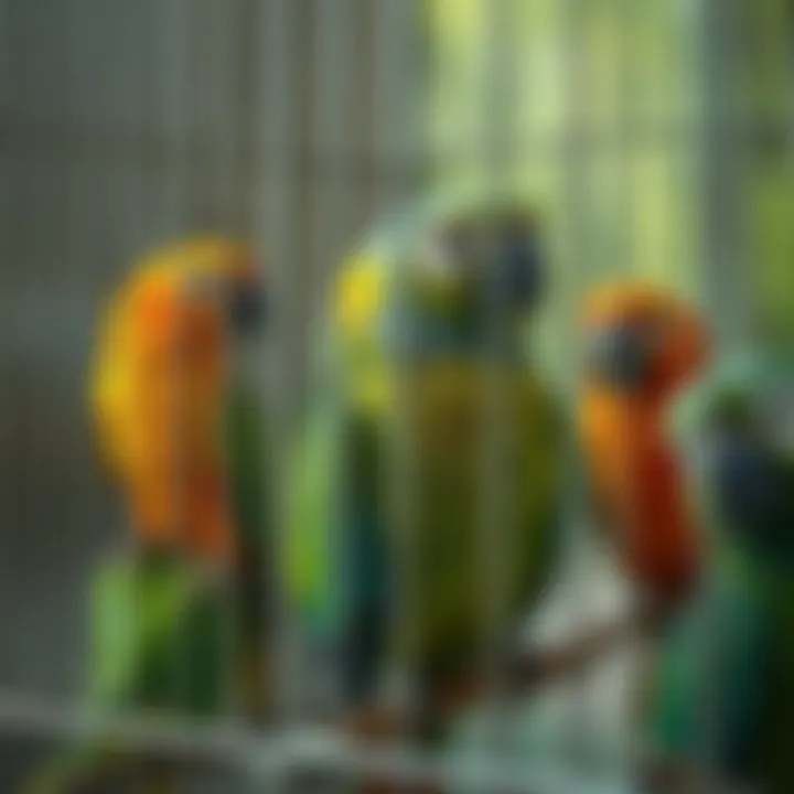 Different species of Amazon parrots in their cages