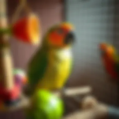 Enrichment toys for Amazon parrots in a cage