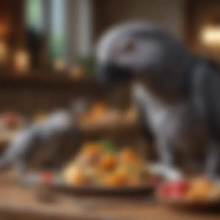 An African Grey parrot enjoying a diverse and balanced meal