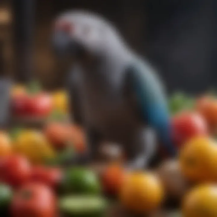 A vibrant assortment of fruits and vegetables suitable for African Grey parrots