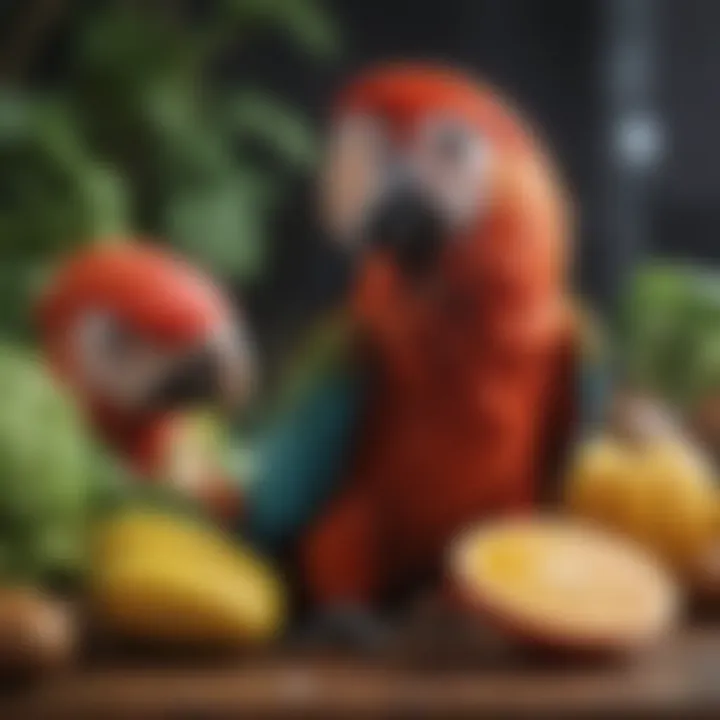 A vibrant assortment of fresh fruits and vegetables suitable for macaws.