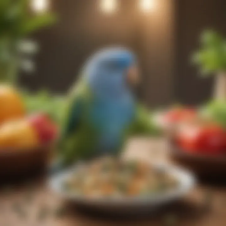 A parrotlet enjoying a balanced meal with a mix of seeds, fruits, and greens in a vibrant setting