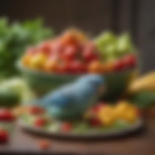 A vibrant parrotlet perched on a colorful feeding dish filled with fresh fruits and vegetables