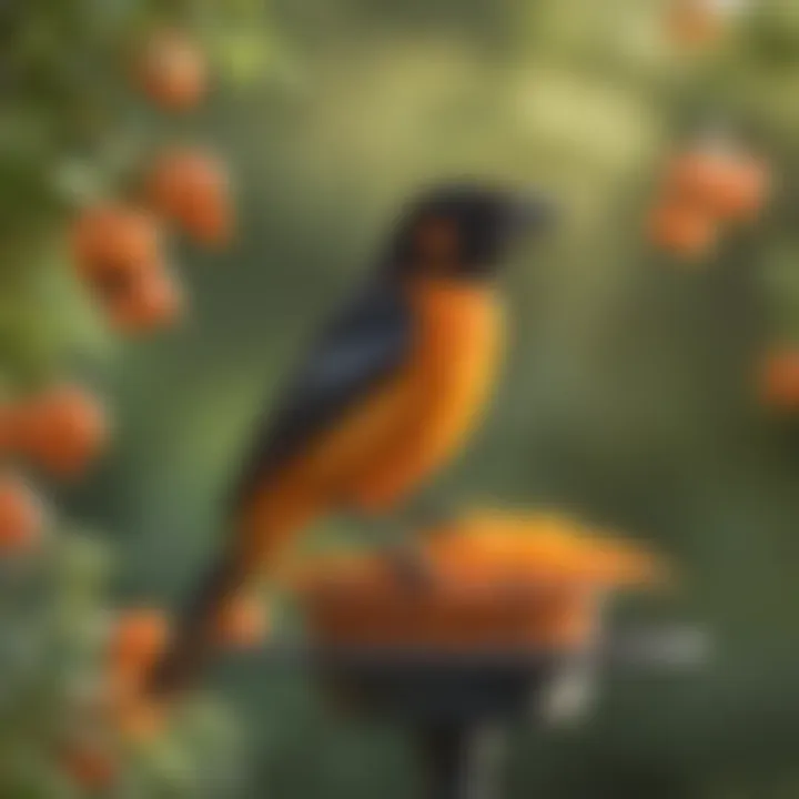 Vibrant oriole perched on a feeder filled with nectar and fruit