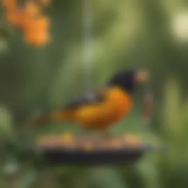 An oriole bird enjoying a meal from a feeder in a garden