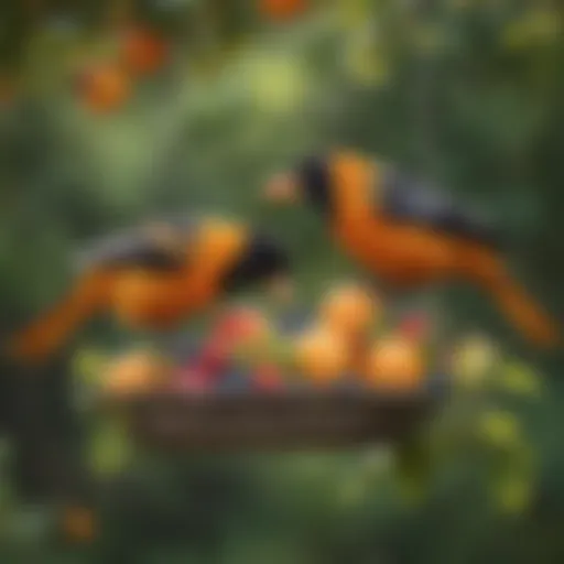 Colorful oriole perched on a feeder filled with fruit