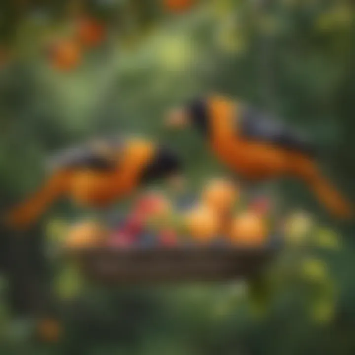 Colorful oriole perched on a feeder filled with fruit