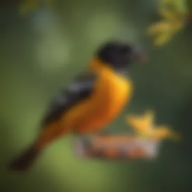 A vibrant oriole enjoying nectar from a feeder during spring