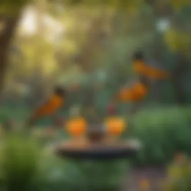 Different styles of oriole feeders displayed in a garden setting