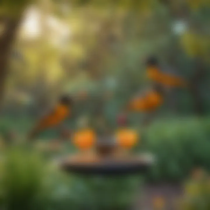 Different styles of oriole feeders displayed in a garden setting