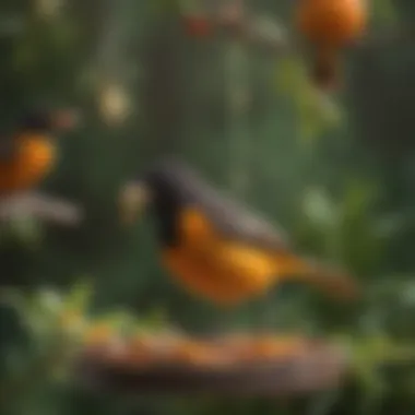 Orioles enjoying fresh nectar at a feeder in a backyard environment