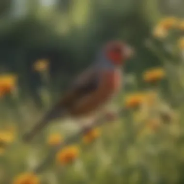 A cheerful finch fluttering among wildflowers in a sunlit outdoor space