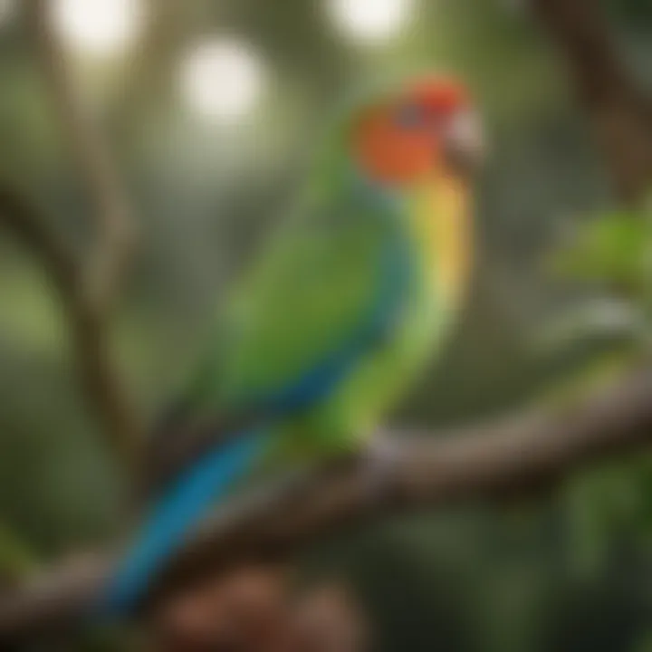 Close-up of a colorful parakeet perched on a tree branch in a garden setting