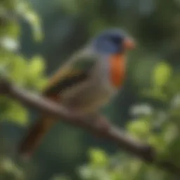 Various species of outdoor pet birds perched on a garden branch