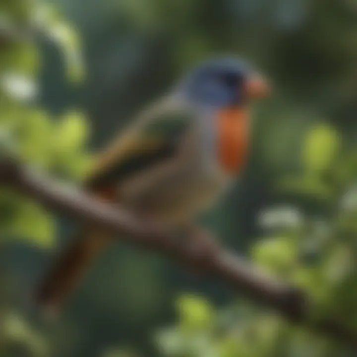 Various species of outdoor pet birds perched on a garden branch