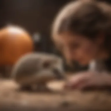 An owner interacting with a hedgehog using a stimulating ball toy