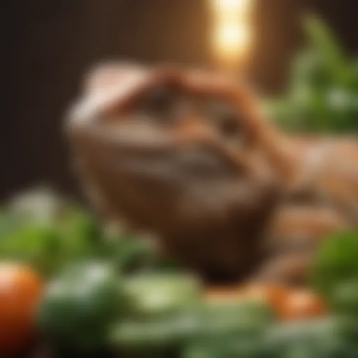 A close-up of a bearded dragon enjoying a variety of fresh vegetables