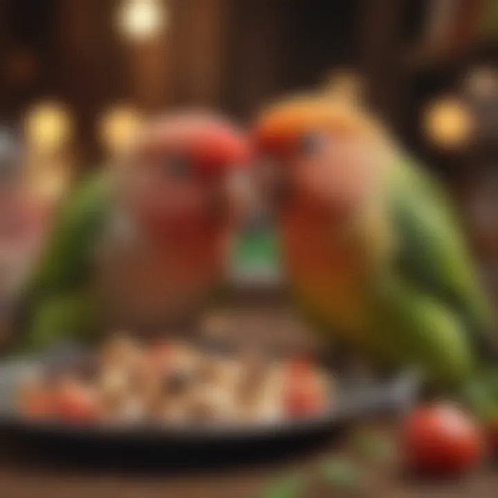 A close-up of a lovebird enjoying a nutritious meal.