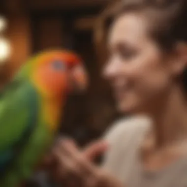 A joyful lovebird interacting playfully with its owner.