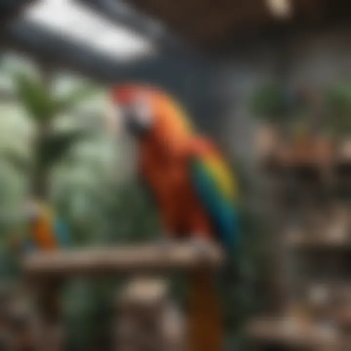 A detailed setup of a macaw's aviary, complete with toys, perches, and natural elements.