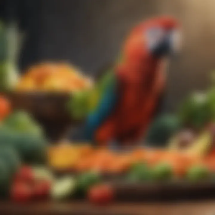 A variety of fresh fruits and vegetables laid out, representing a macaw's balanced diet.