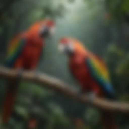 A vibrant macaw perched on a branch, showcasing its colorful feathers and sharp beak.