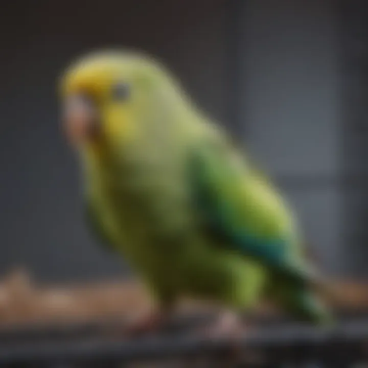 A parakeet exploring its travel cage, demonstrating acclimation to the environment.