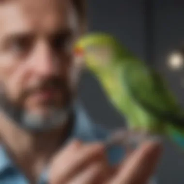 A vet examining a parakeet, emphasizing health care in avian pets