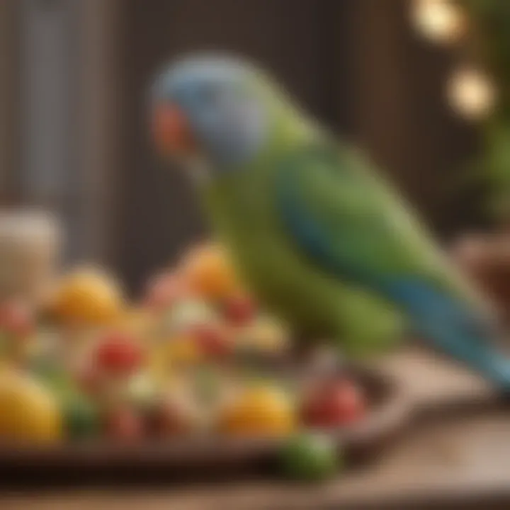 A beautifully arranged parakeet diet showcasing seeds, fruits, and vegetables