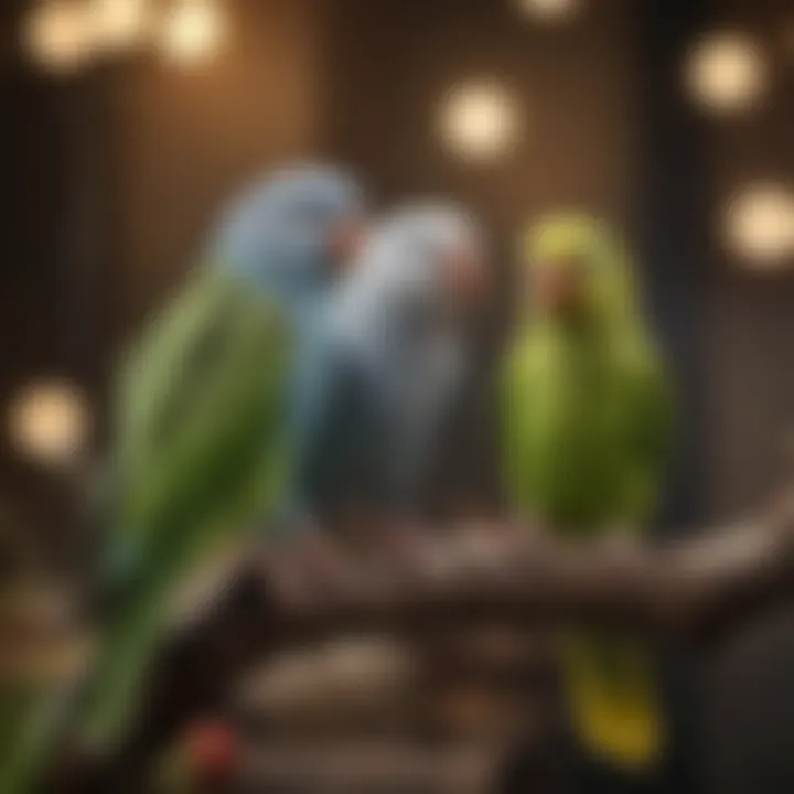 Two parakeets interacting with each other, showcasing their social behavior