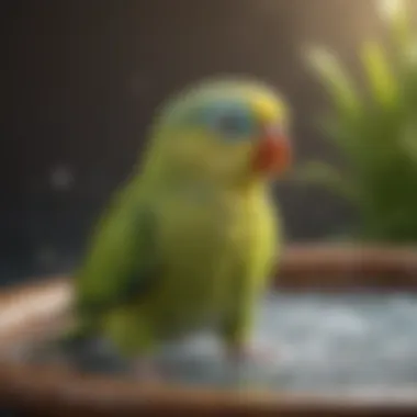 A vibrant parakeet splashing in a bird bath