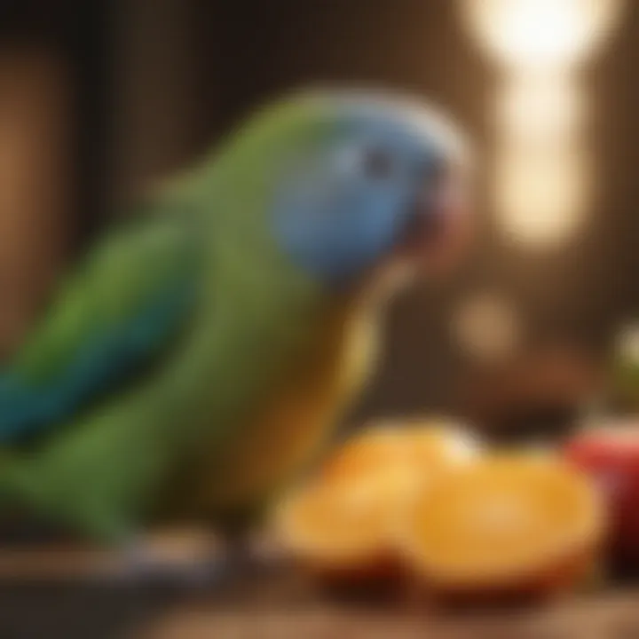 Varied parakeet diet with seeds and fresh fruits