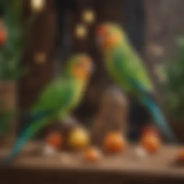 Colorful parakeets playing in a vibrant enclosure