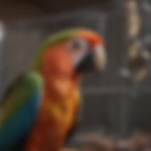 A vibrant parrot perched inside a beautifully covered cage showcasing comfort and security.