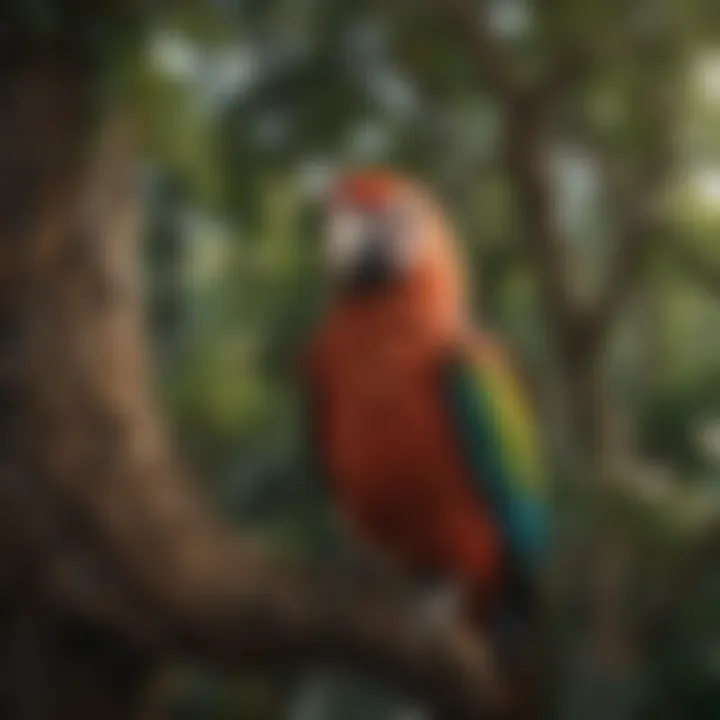 An intricate close-up of a parrot perched on a vibrant tree stand.