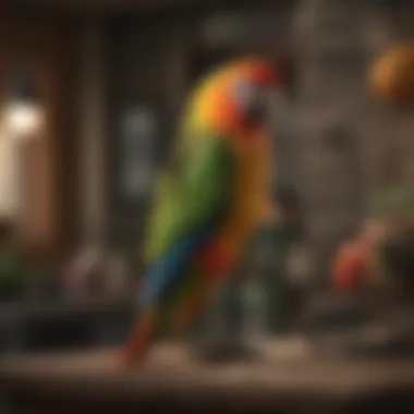 A parrot enjoying its vibrant and engaging cage environment