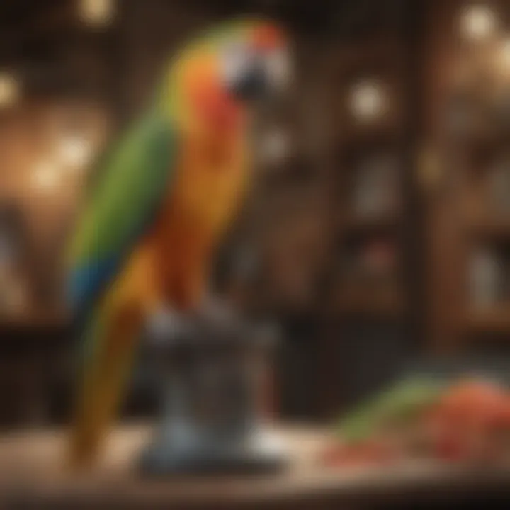 A colorful parrot perched on a java parrot stand, demonstrating its usage