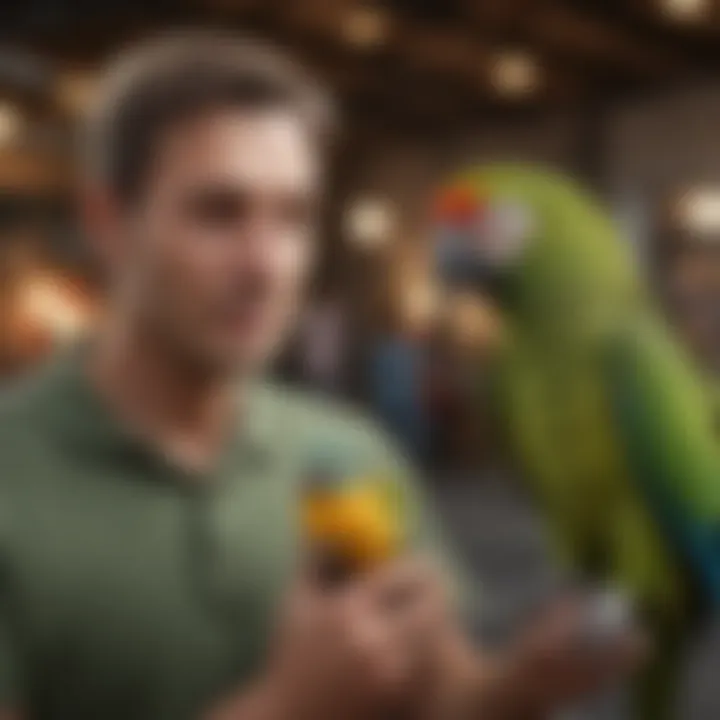 Trainer interacting with a parrot in a local community