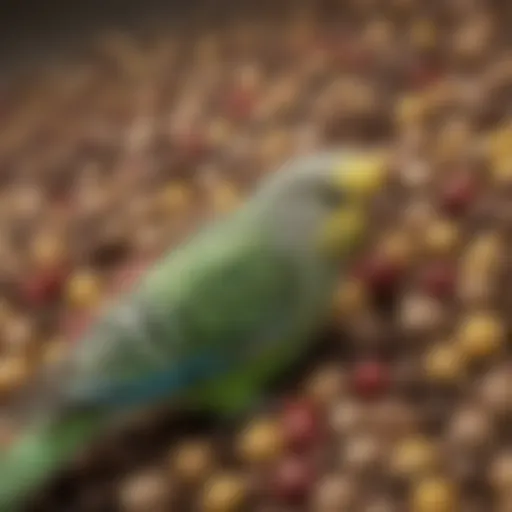 A variety of colorful pelleted food for budgies arranged in a bowl.